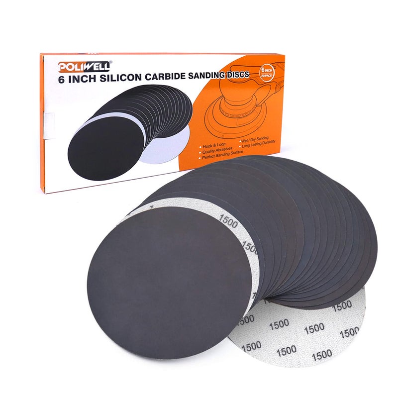 POLIWELL 6 Inch (150mm) 1500 Grit High Performance Waterproof Hook & Loop Sanding Discs Heavy Duty Silicon Carbide Round Flocking Sandpaper for Wet/Dry Sanding Grinder Polishing Accessories, 20-Pack - Image 1